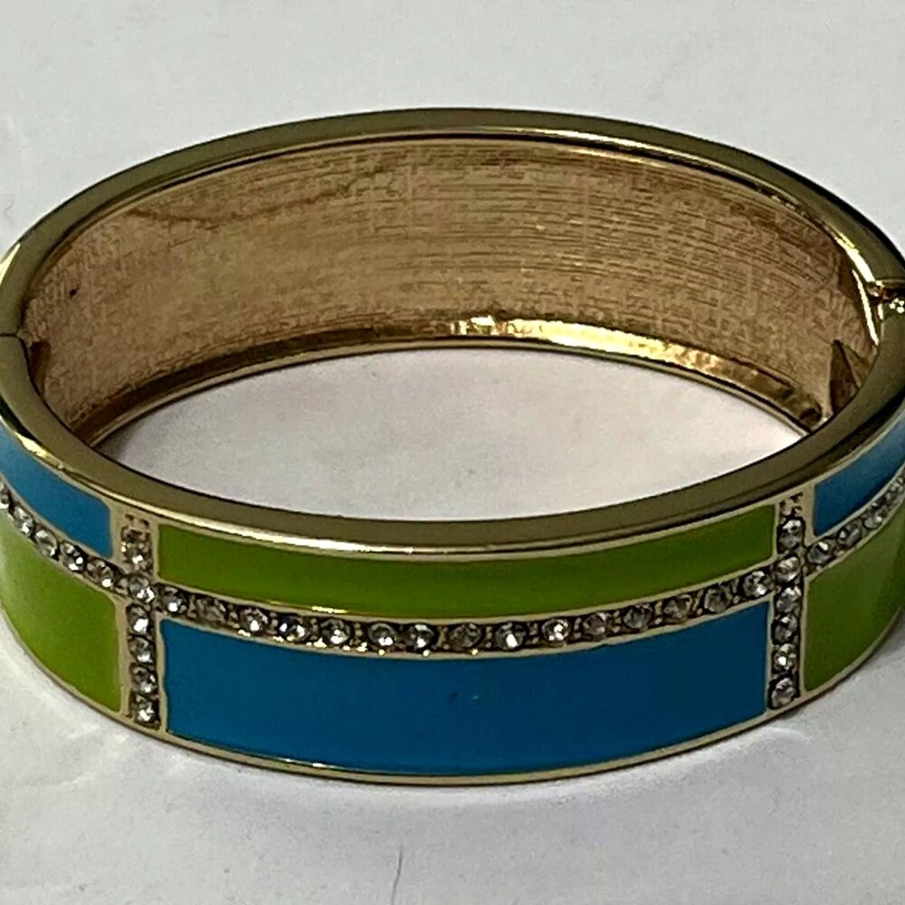 Rare PLAID Color Block Blue and Green Enamel Rhinestone Hinged Bangle Bracelet